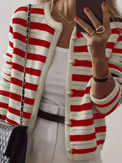 Striped Round-Neck Long-Sleeve Cardigan with Gold Buttons