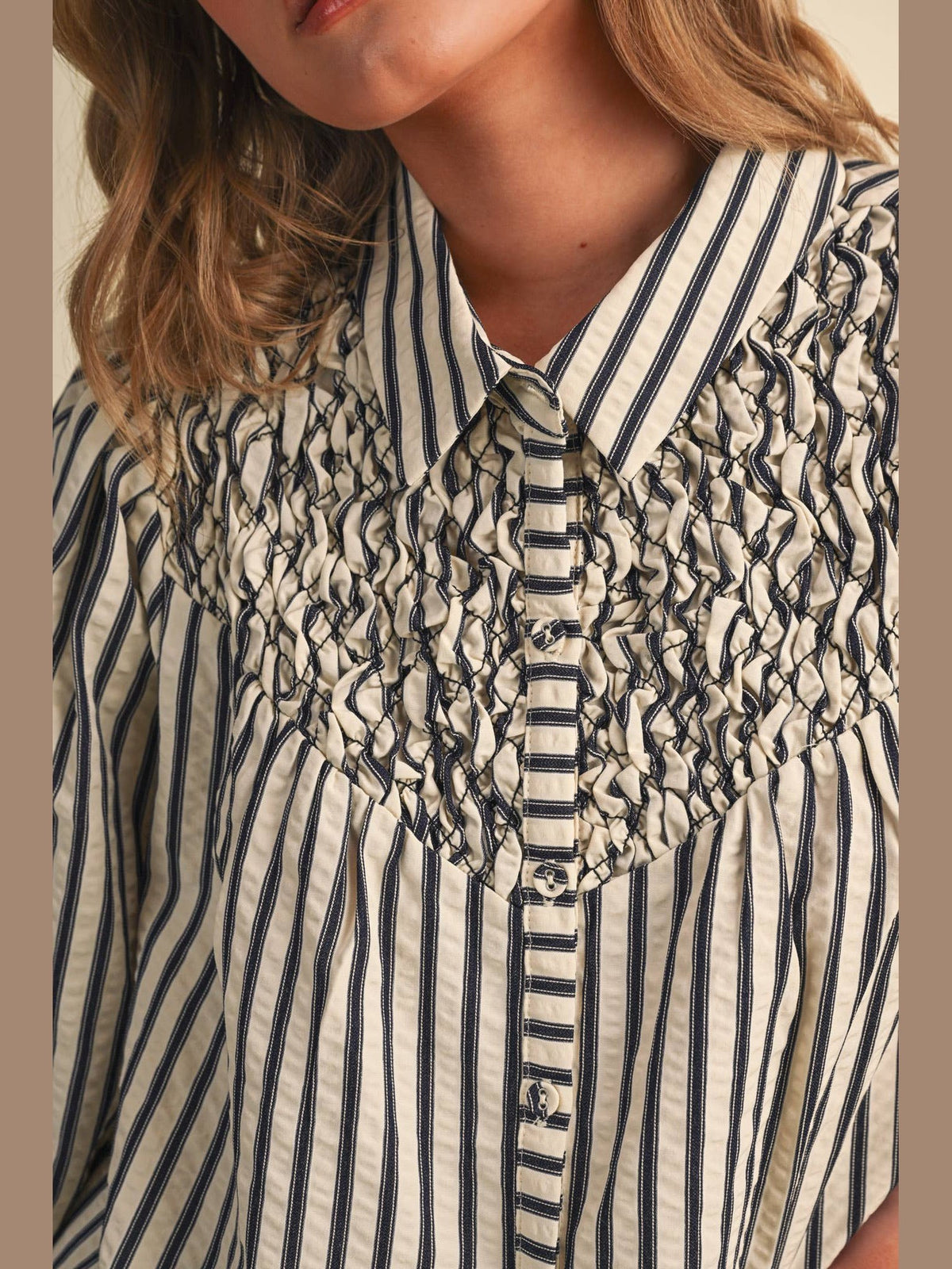 STRIPED BUTTON UP TOP WITH DIAMOND SMOCKED YOKE MTP5183: DENIM BLUE STRIPE / L