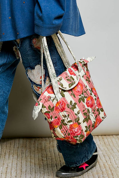 Quilted Floral Rose Print Vintage Crafted Tote Bag: PINK MULTI
