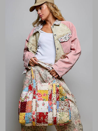 Quilted Vibrant Patchwork Vintage Crafted Weekender Bag: CREAM MULTI