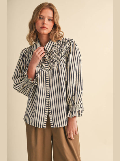 STRIPED BUTTON UP TOP WITH DIAMOND SMOCKED YOKE MTP5183: DENIM BLUE STRIPE / L