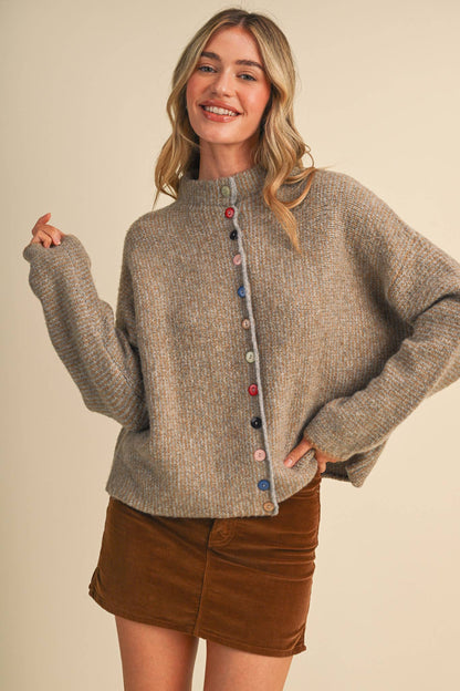 STRIPED SWEATER CARDIGAN WITH COLORFUL BUTTONS MSW11250: NATURAL GREY / L