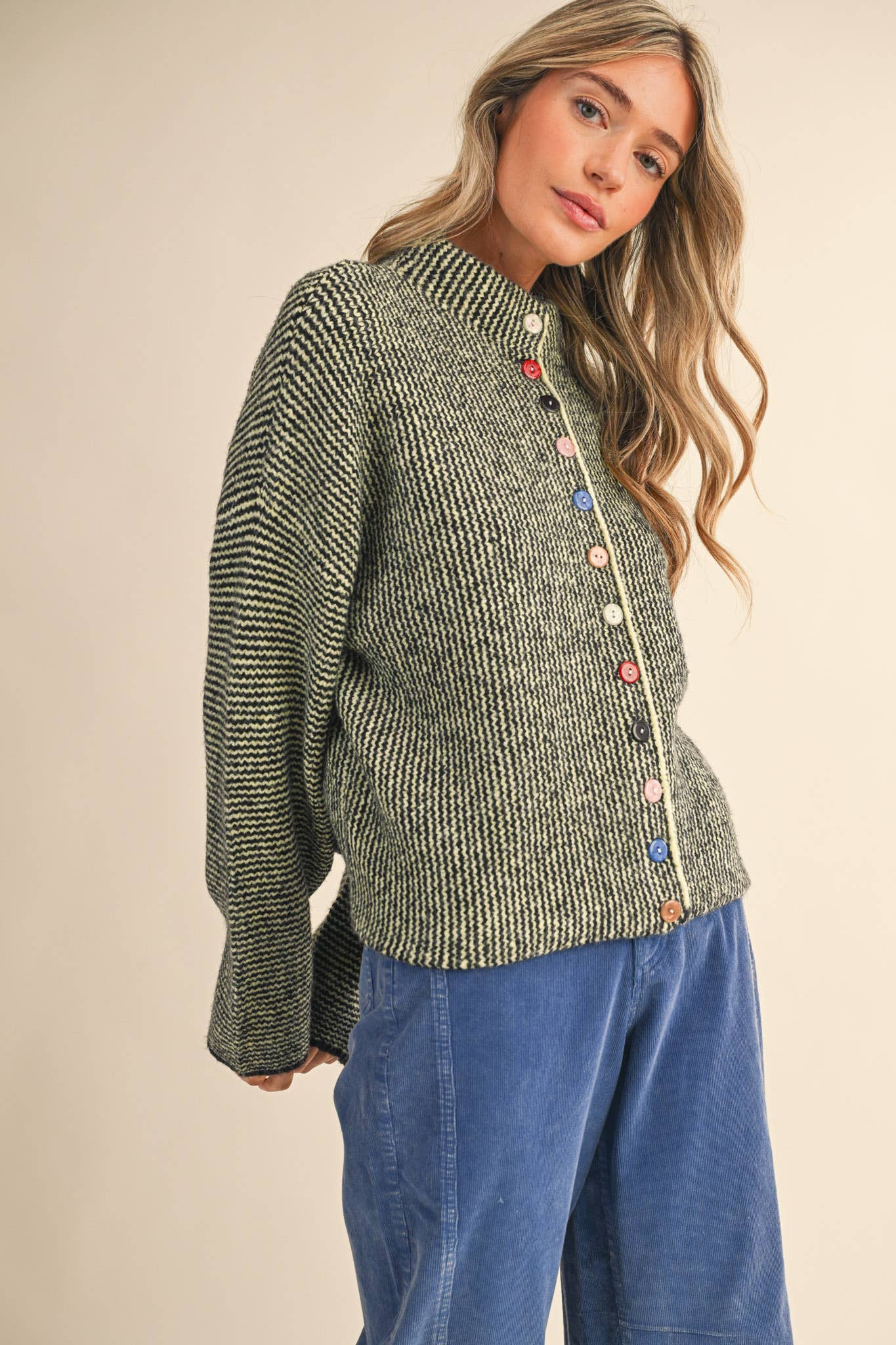 STRIPED SWEATER CARDIGAN WITH COLORFUL BUTTONS MSW11250: NATURAL GREY / L