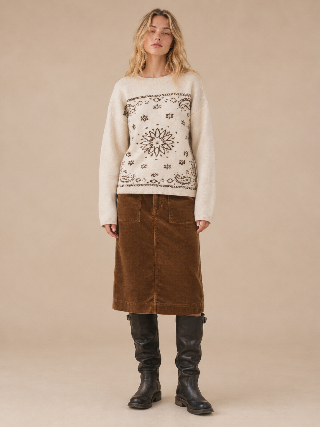 SA10162T - Western Bandana Jacquard Crewneck Sweater: Brown / M/L