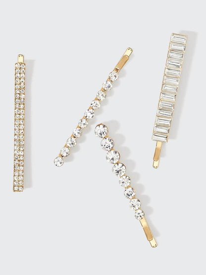 Metal Rhinestone Assorted Bobby Pins 4pc Set - Gold
