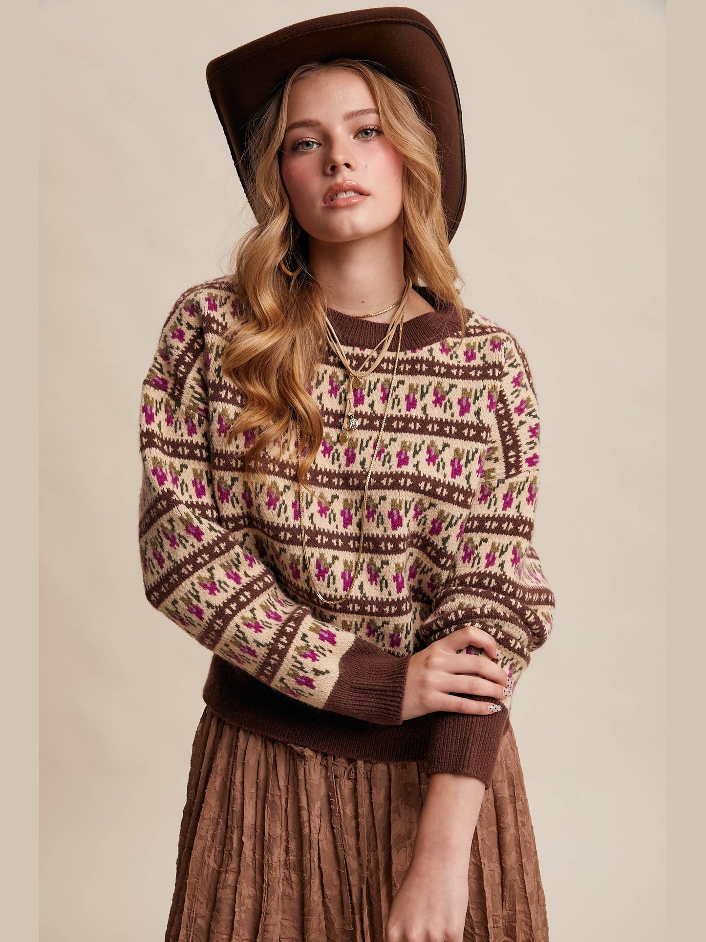 Floral Knit Sweater: Mocha