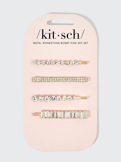 Metal Rhinestone Assorted Bobby Pins 4pc Set - Gold