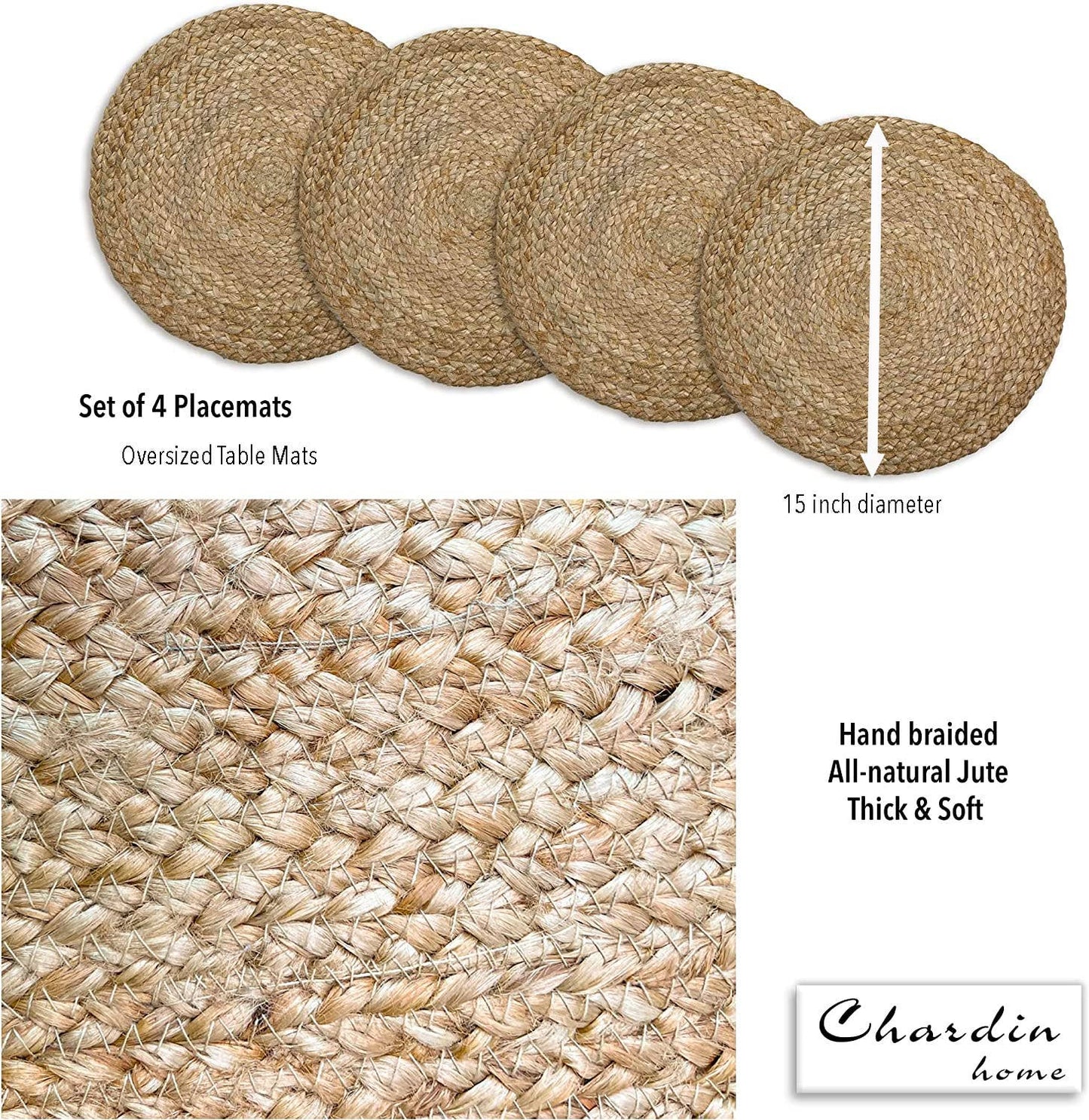 Natural Jute Hand Braided Round Placemats, Set of 4- 15 Inch diameter