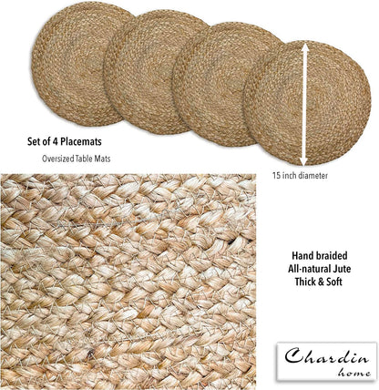 Natural Jute Hand Braided Round Placemats, Set of 4- 15 Inch diameter