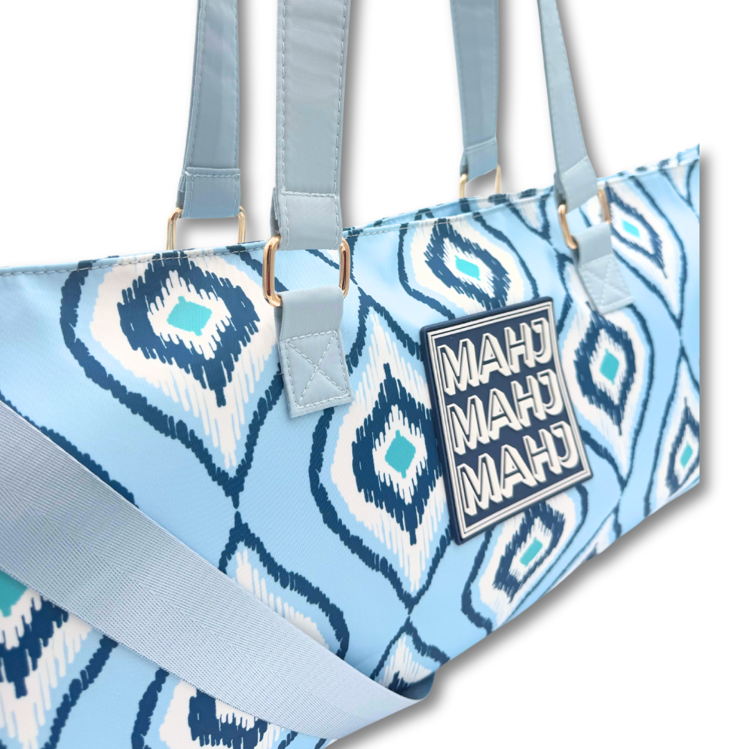 MAHJONG TOTE BAG  |  Wide with Zipper Closure: Arrows- Blue Tote Bag