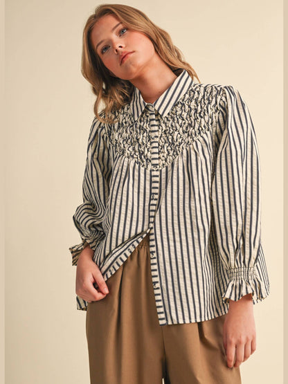 STRIPED BUTTON UP TOP WITH DIAMOND SMOCKED YOKE MTP5183: DENIM BLUE STRIPE / L