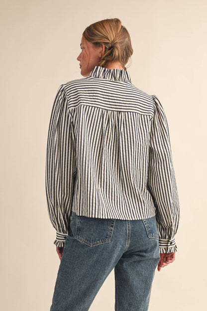 STRIPED RUFFLED BUTTON DOWN LONG SLEEVE TOP: Denim Blue Stripe