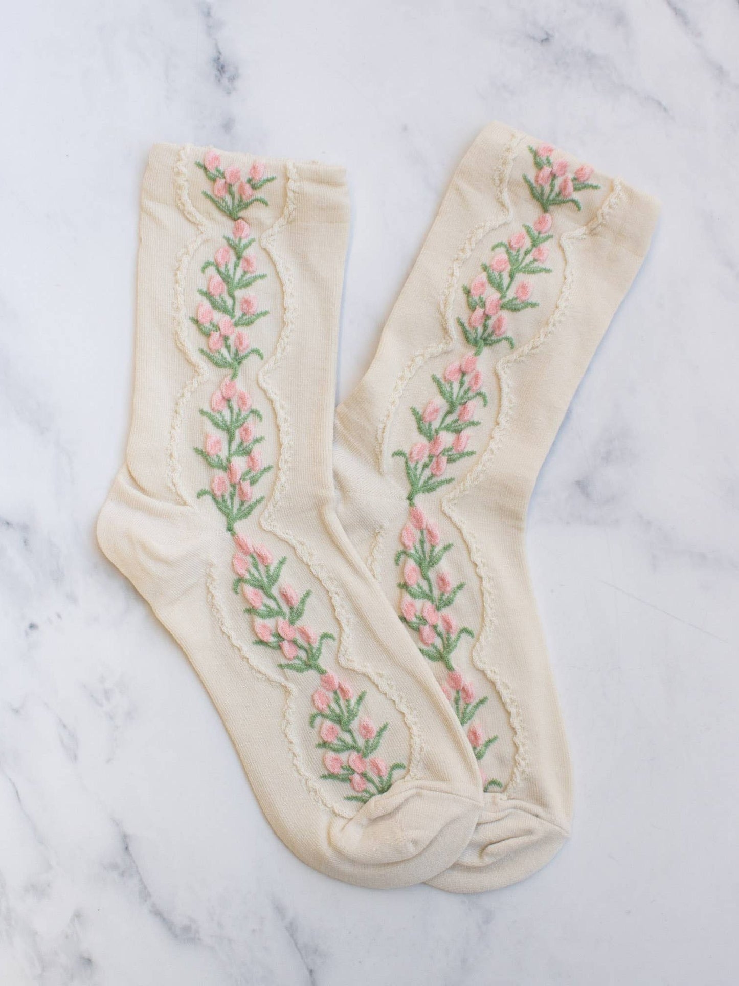 Women's Antique Tulip Flower Socks: Beige