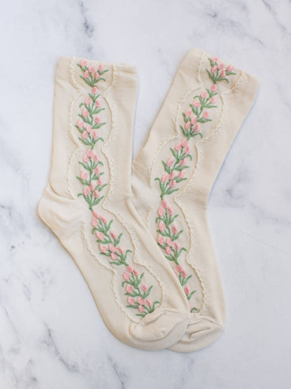 Women's Antique Tulip Flower Socks: Beige
