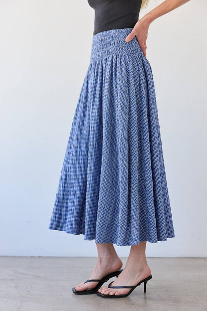 Smocked Waist Check Midi Skirt - RS1092: BLUE CHECK / S-M-L (3-2-1)