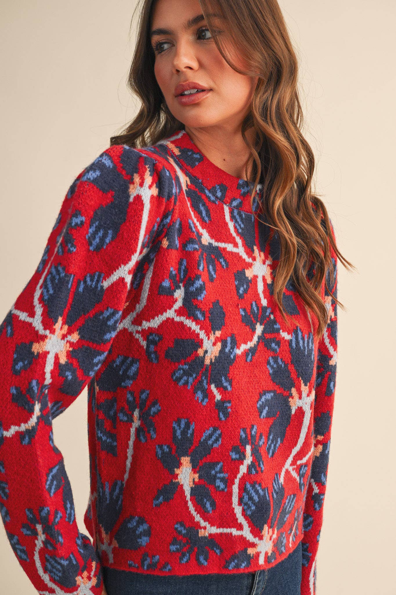 FLORAL MOCK NECK SWEATER: RED NAVY