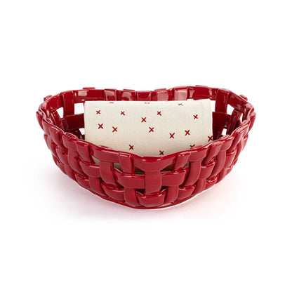 Red Ceramic Heart Bread Basket with Towel