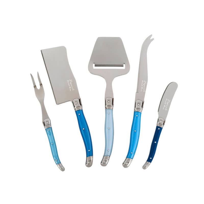 Laguiole 5 Piece Cheese Knife, Fork & Slicer Set (Blue)