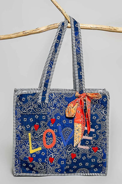 Quilted Indigo Paisley LOVE Tote Bag: INDIGO PAISLEY / OS