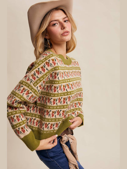 Floral Knit Sweater: Vintage Green