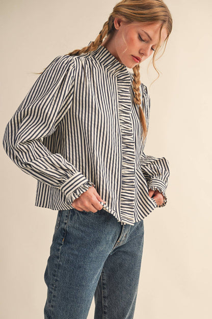 STRIPED RUFFLED BUTTON DOWN LONG SLEEVE TOP: Denim Blue Stripe