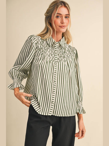 STRIPED BUTTON UP TOP WITH DIAMOND SMOCKED YOKE MTP5183: DENIM BLUE STRIPE / L