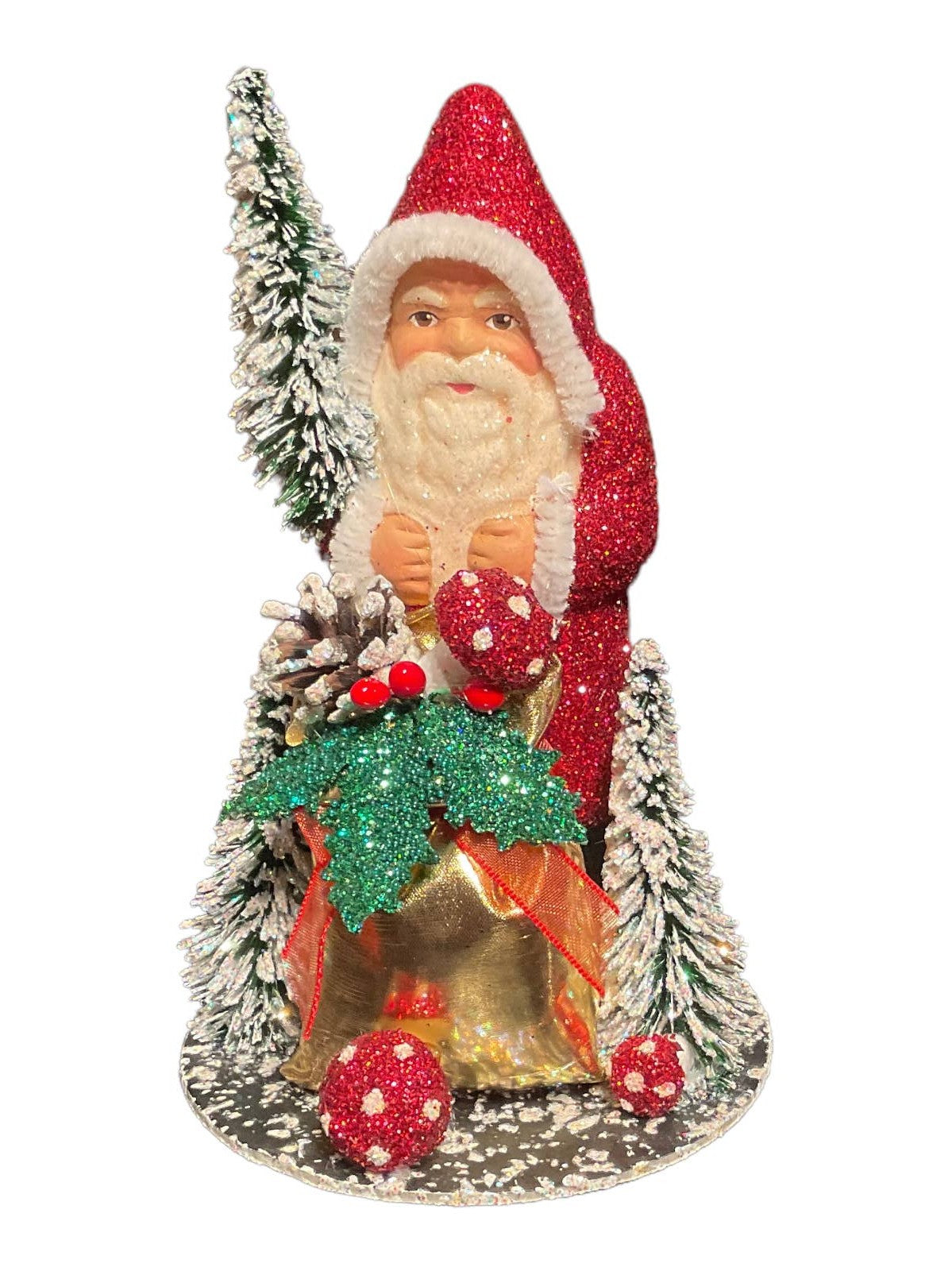 Ino Schaller Red Glitter Santa Bag of Apples German Paper Mache Candy Container - Thumbnail 5