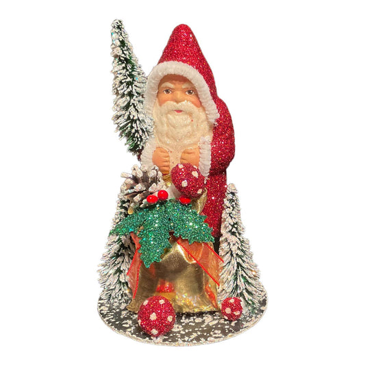 Ino Schaller Red Glitter Santa with Bag Paper Mache