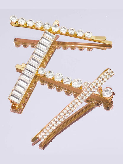 Metal Rhinestone Assorted Bobby Pins 4pc Set - Gold