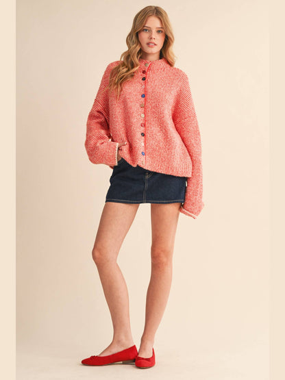 STRIPED SWEATER CARDIGAN WITH COLORFUL BUTTONS: IVORY RED