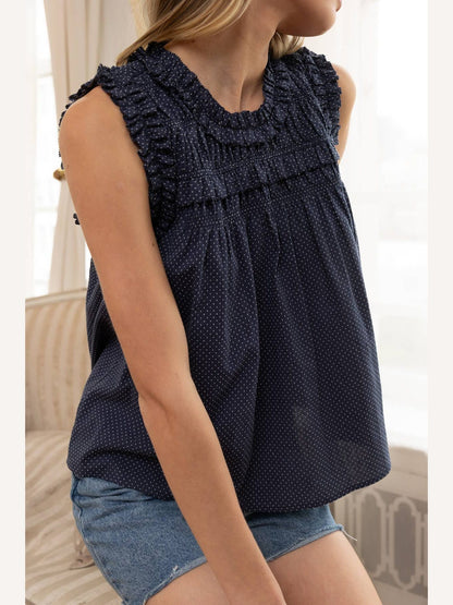 Navy Dotted Ruffle Sleeveless Blouse: NAVY