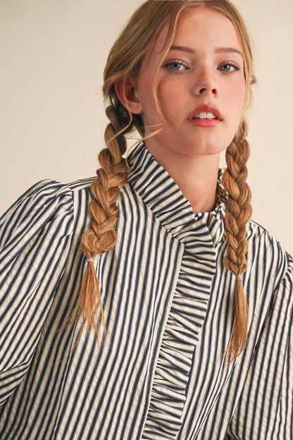STRIPED RUFFLED BUTTON DOWN LONG SLEEVE TOP: Denim Blue Stripe