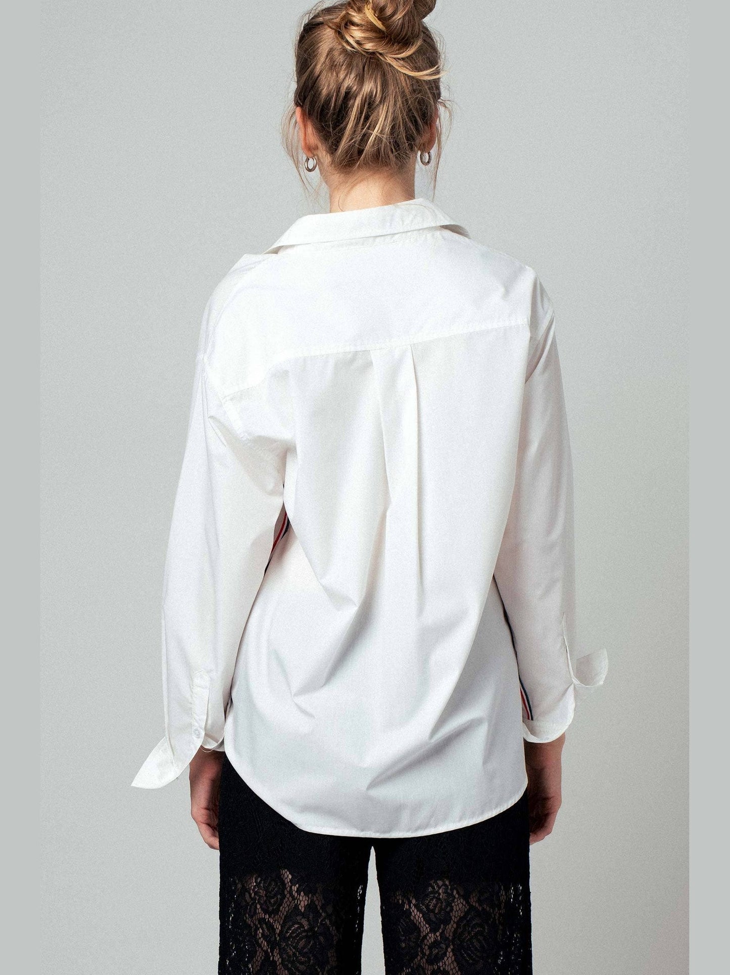 Striped Twill Tape Detail Statement Button Shirt: WHITE / S-2/M-2/L-2