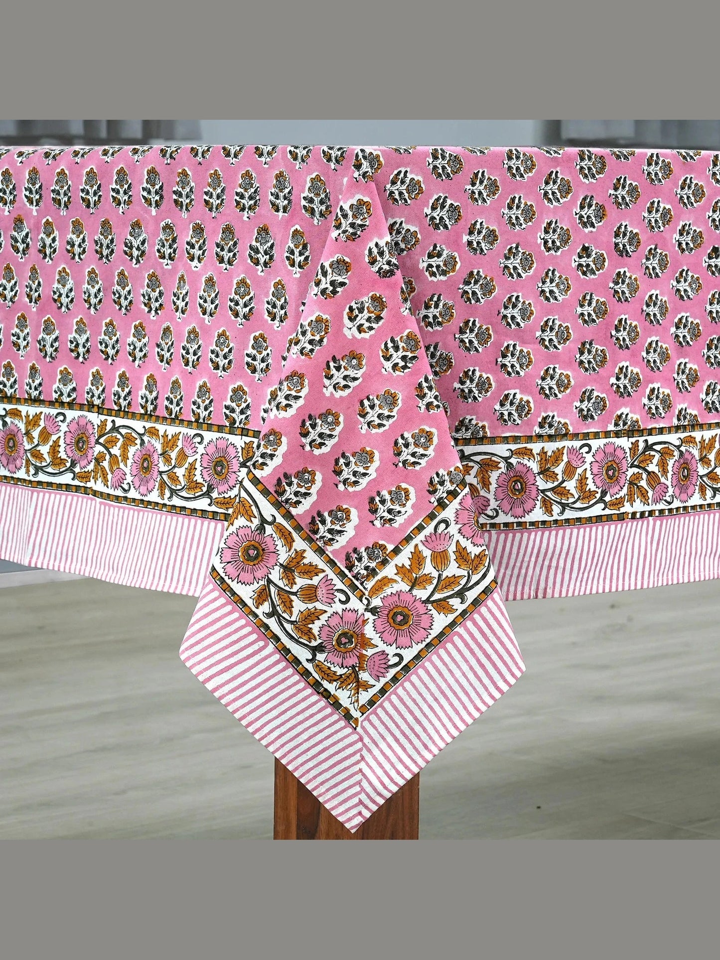 Poppy Pink Cotton Indian Hand-Block Printed Tablecloth