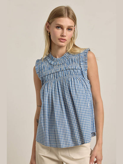 GINGHAM RUFFLE BLOUSE : Blue