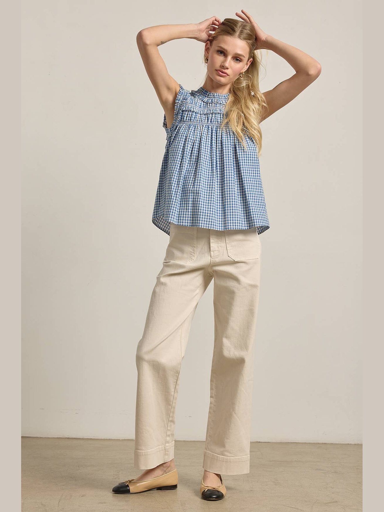 GINGHAM RUFFLE BLOUSE : Blue