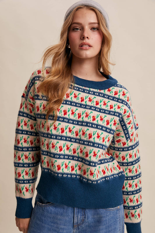 Floral Knit Sweater (Teal Color)