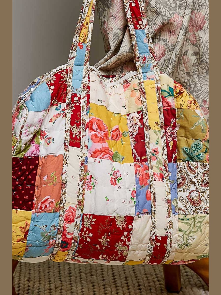 Quilted Vibrant Patchwork Vintage Crafted Weekender Bag: CREAM MULTI