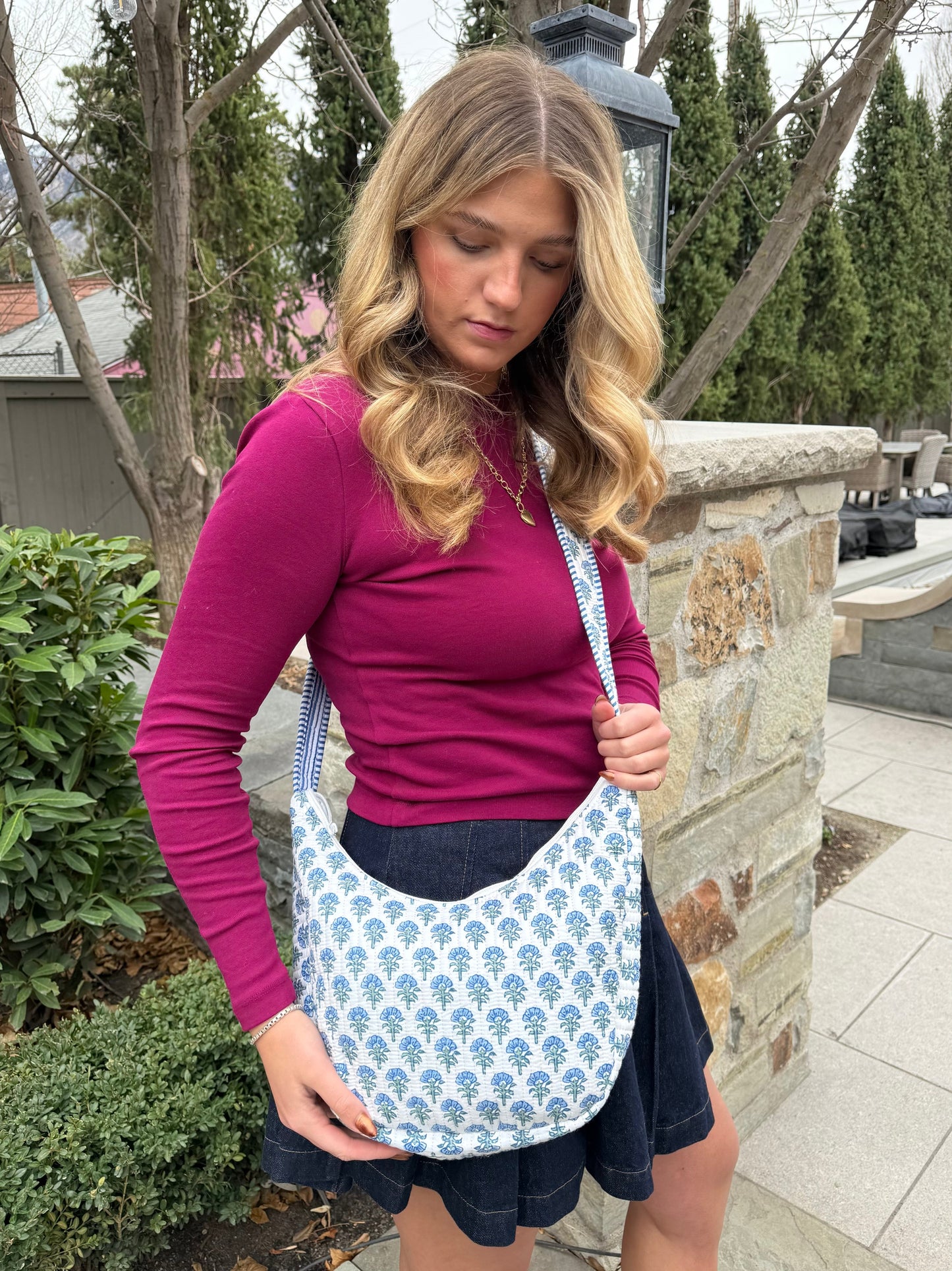 Quilted Crossbody Bag- Blue Floral "the Claire"