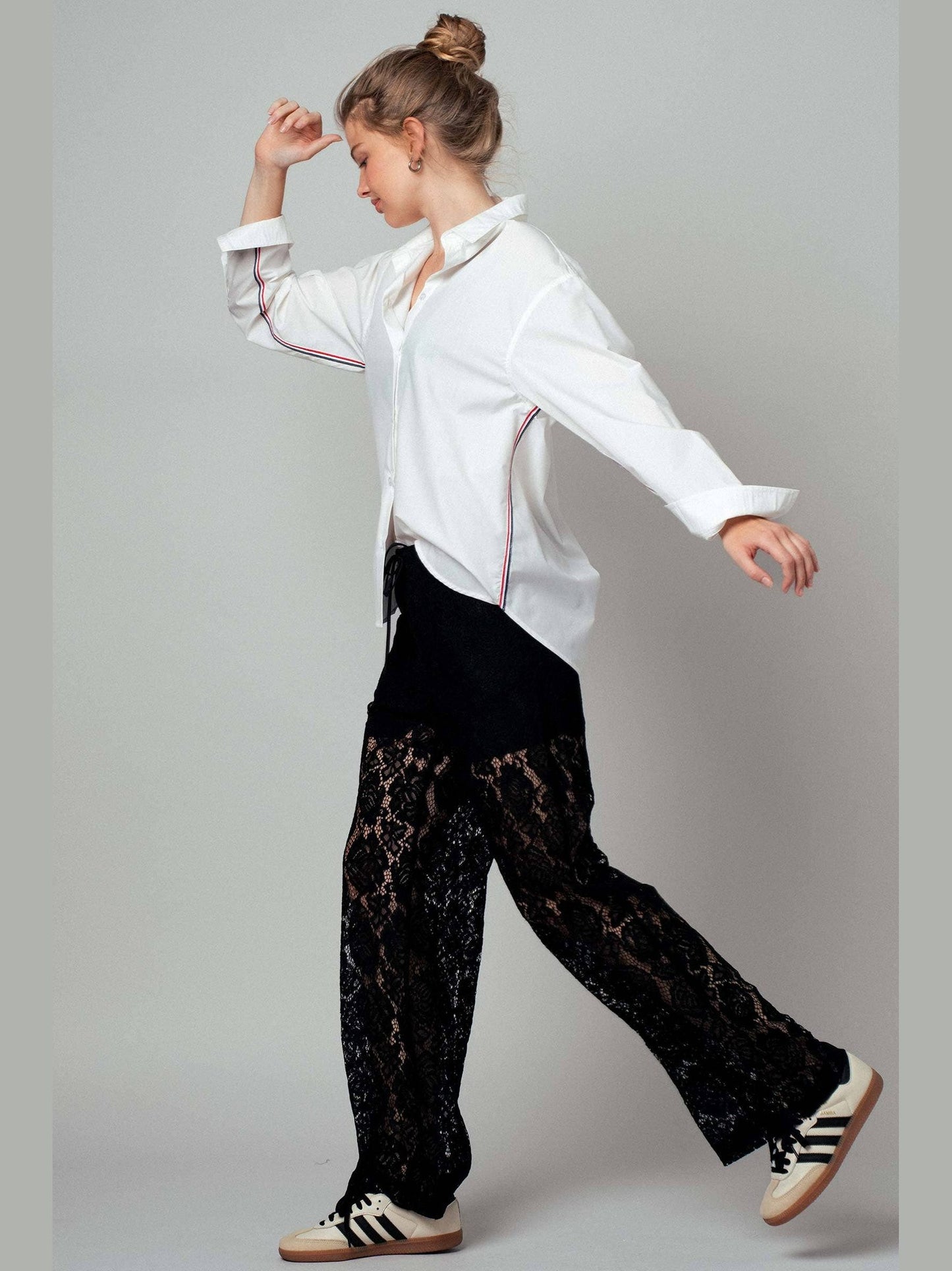 Striped Twill Tape Detail Statement Button Shirt: WHITE / S-2/M-2/L-2