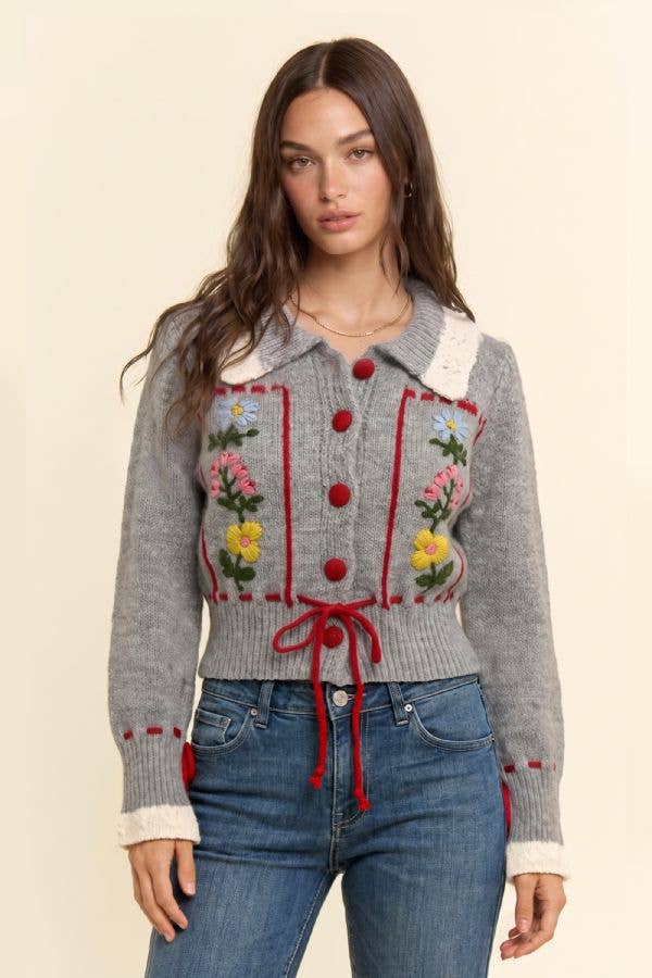 Floral Embroidered Collared Cardigan: Gray