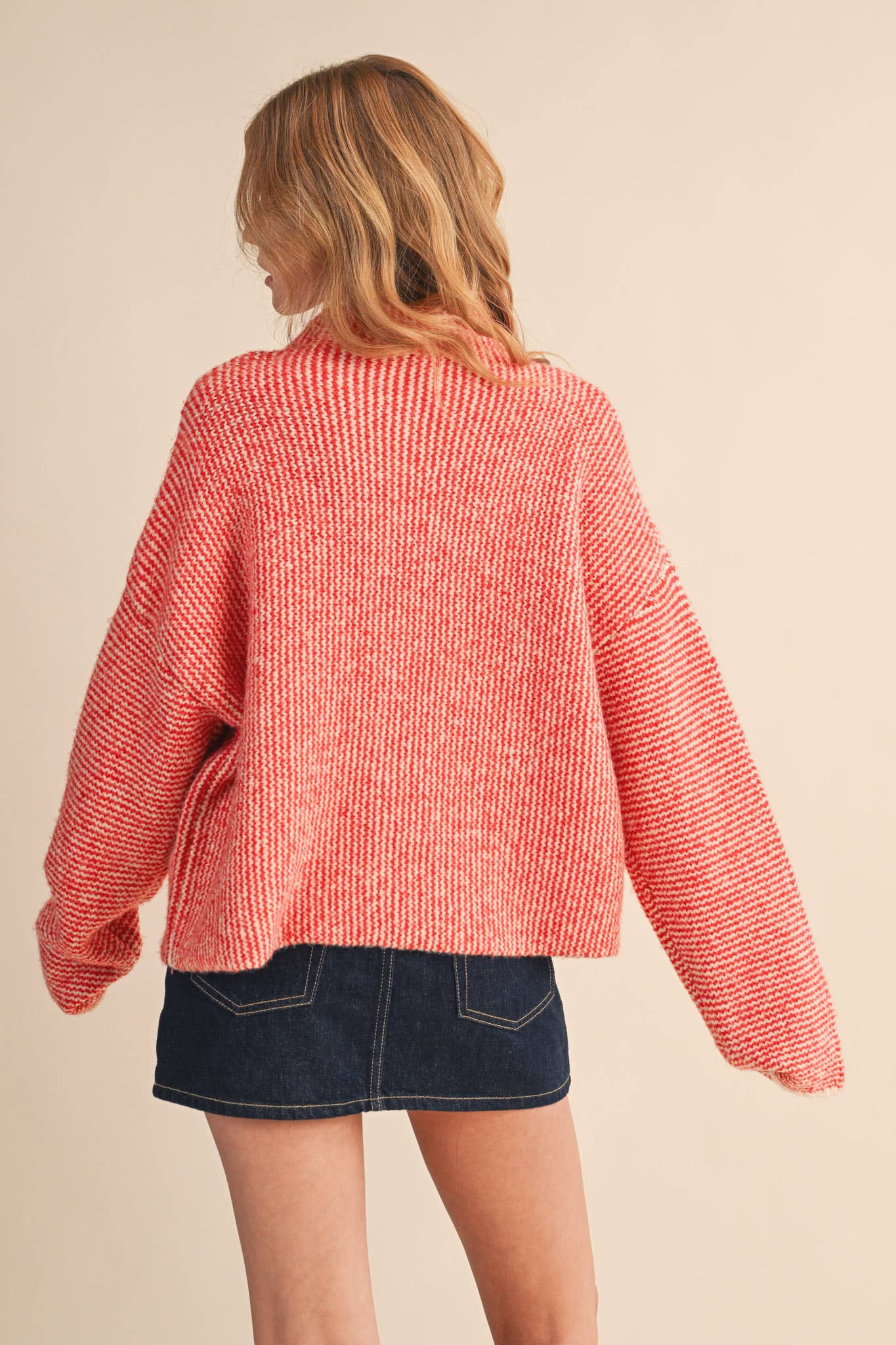 STRIPED SWEATER CARDIGAN WITH COLORFUL BUTTONS MSW11250: IVORY RED / L