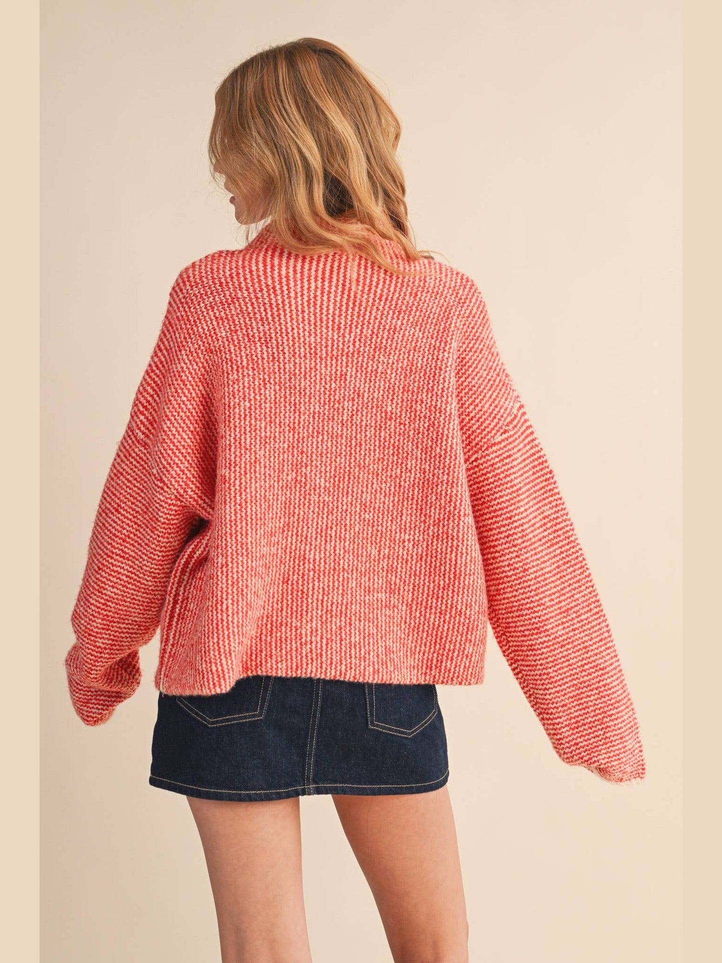 STRIPED SWEATER CARDIGAN WITH COLORFUL BUTTONS: IVORY RED