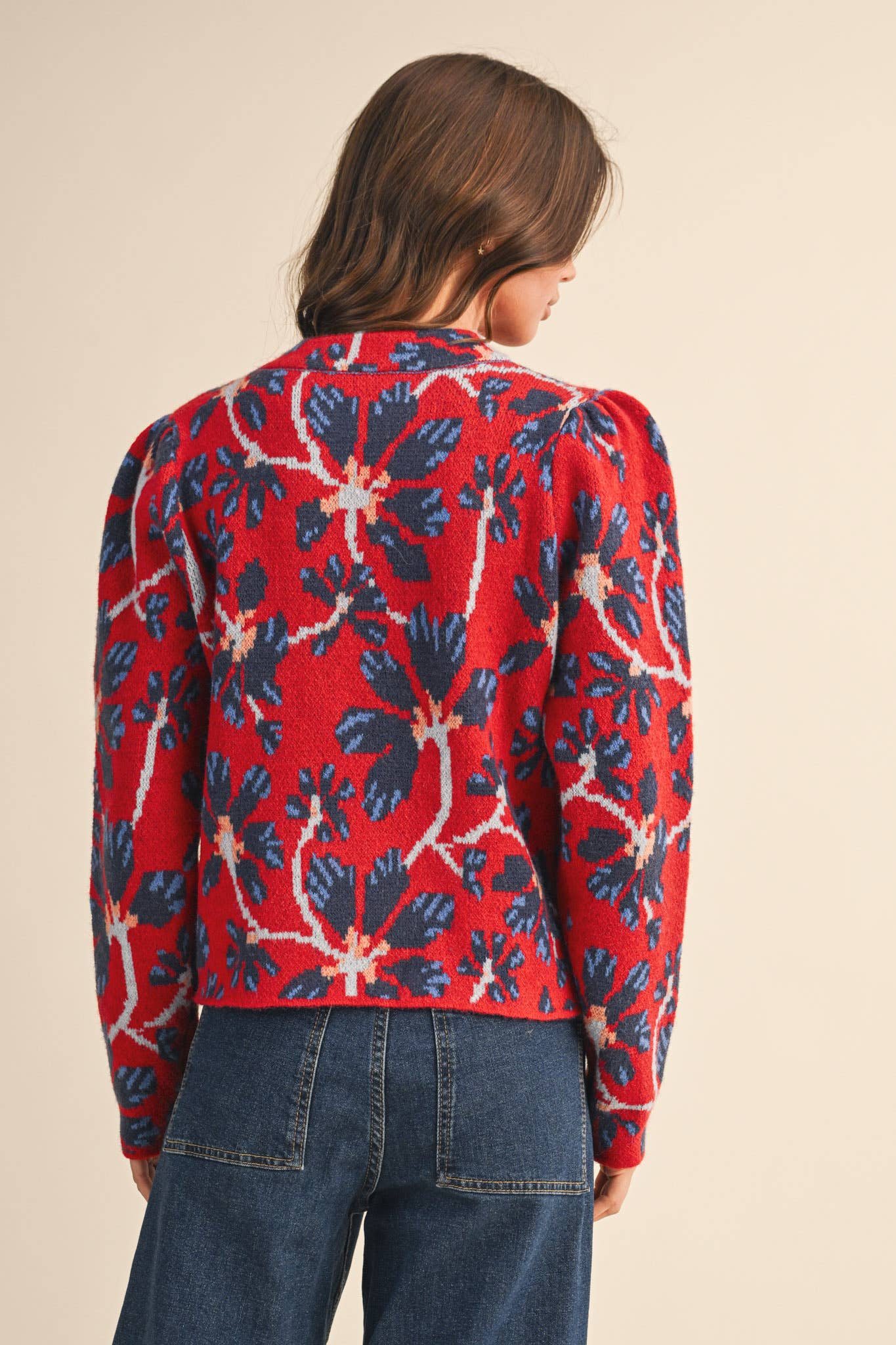 FLORAL MOCK NECK SWEATER: RED NAVY