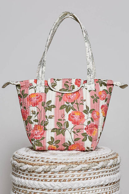 Quilted Floral Rose Print Vintage Crafted Tote Bag: PINK MULTI
