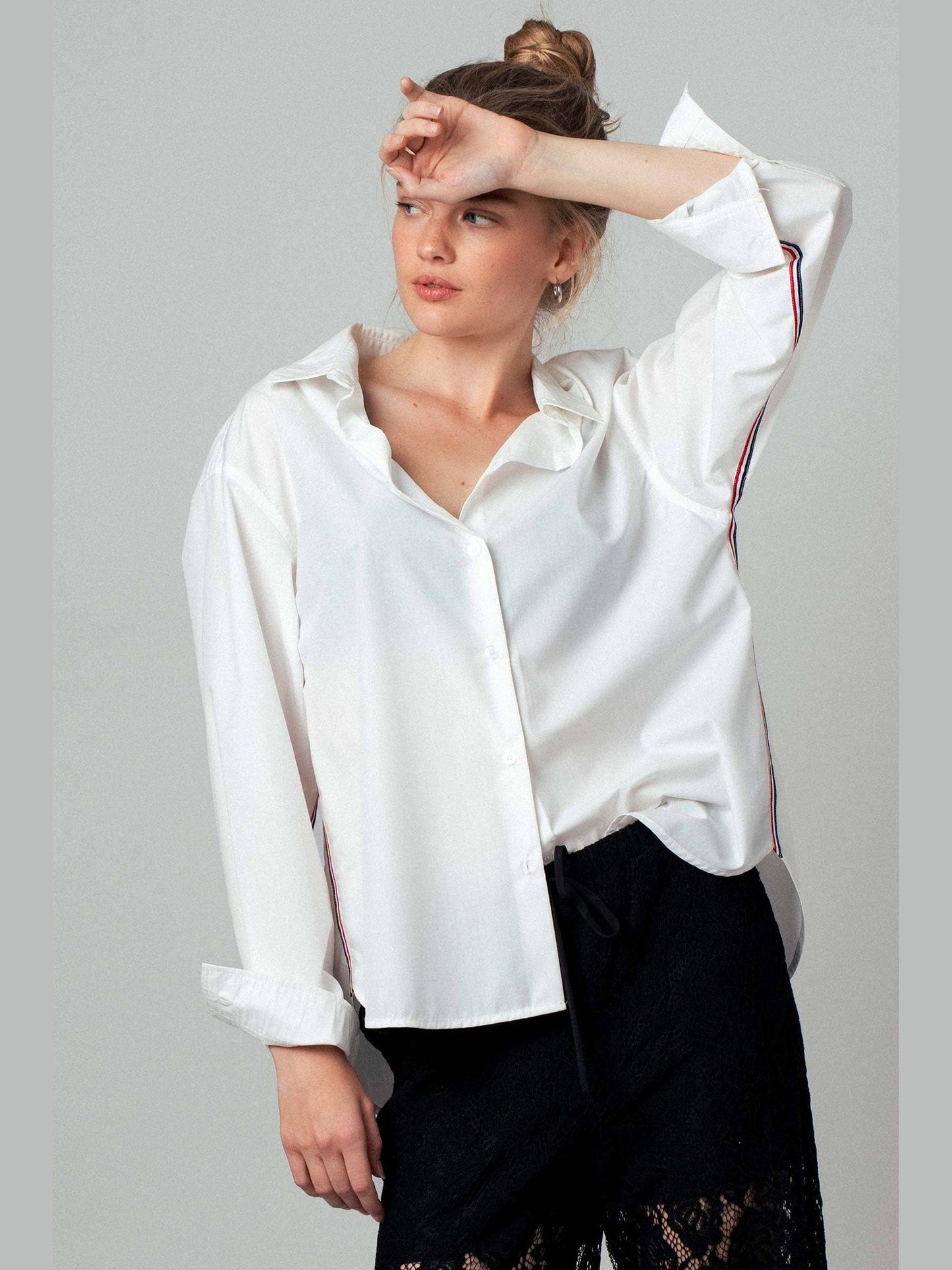 Striped Twill Tape Detail Statement Button Shirt: WHITE / S-2/M-2/L-2