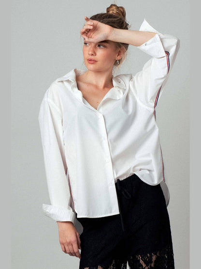 Striped Twill Tape Detail Statement Button Shirt: WHITE / S-2/M-2/L-2