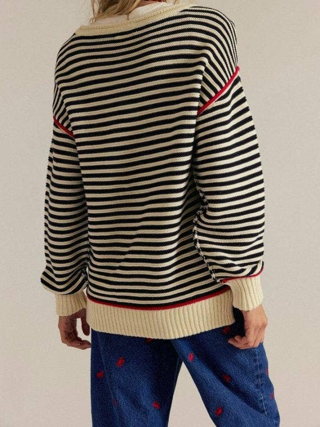 Striped Boat‑Neck Sweater with Red Accent Trim: Beige