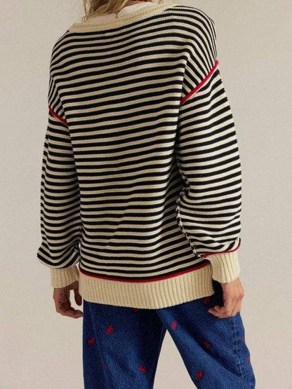 Striped Boat‑Neck Sweater with Red Accent Trim: Beige