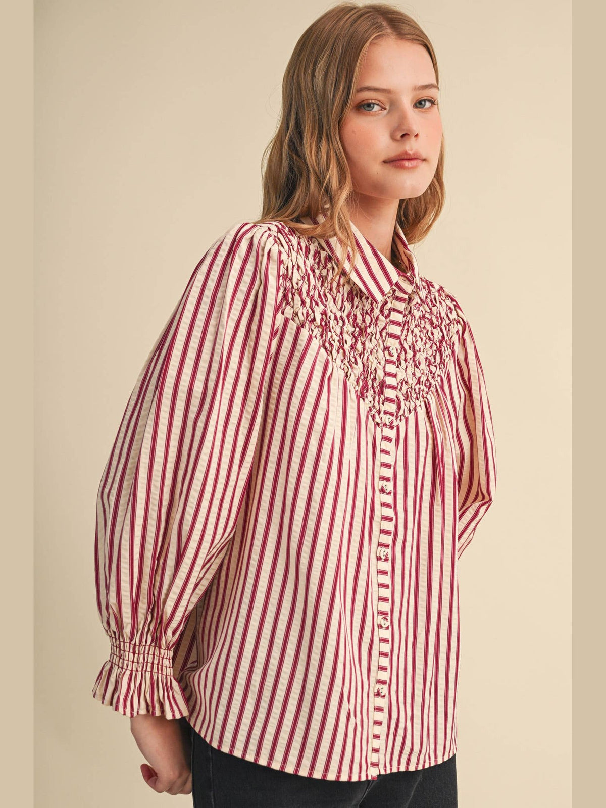 STRIPED BUTTON UP TOP WITH DIAMOND SMOCKED YOKE: CRANBERRY STRIPE